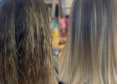 Before and after of hair transformation at Lorna’s Luxe Hair, Great Dunmow, England, GB.