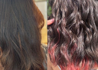 Before and after hair styling at Lorna’s Luxe Hair, Great Dunmow, England, GB showcasing stunning hair transformation.