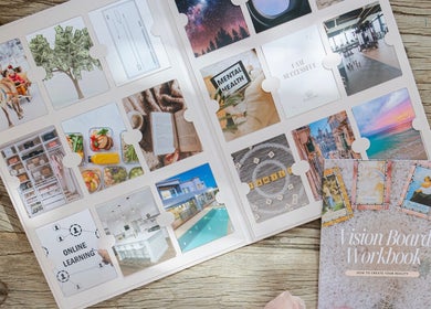 Vision board and workbook at Erin Harrington Beauty, Dubai, AE, inspiring personal growth and aspirations.