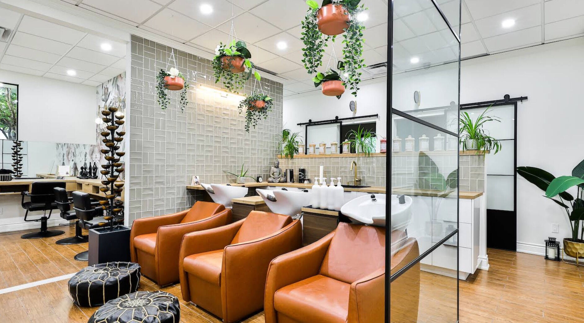 Espace de coiffure moderne au Centre Santé du Cheveu à Rosemère, Québec, CA avec fauteuils confortables et plantes.