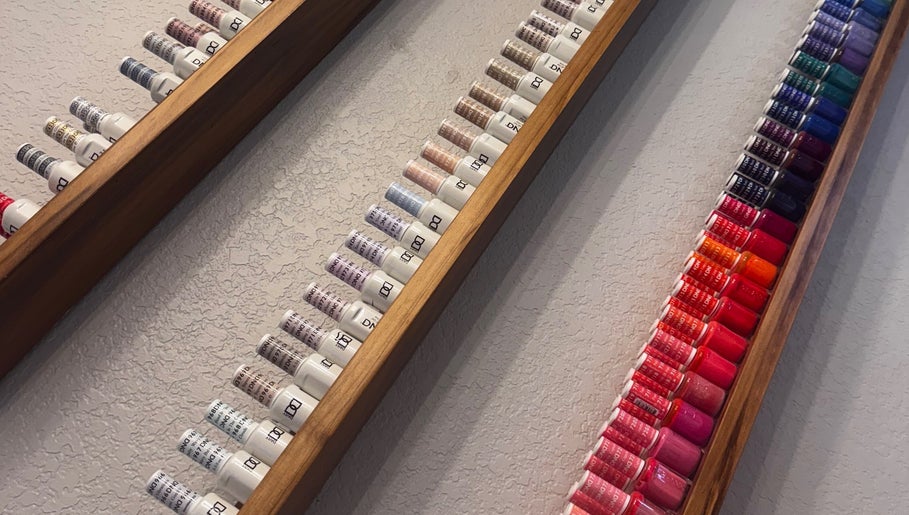 Colorful nail polish selection at Boheme Beauty Nail Salon, Crosby, Texas, US.