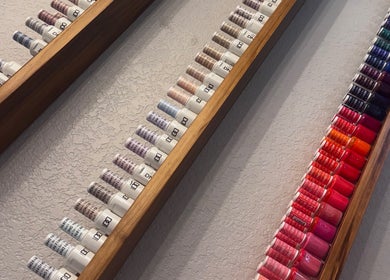 Colorful nail polish selection at Boheme Beauty Nail Salon, Crosby, Texas, US.