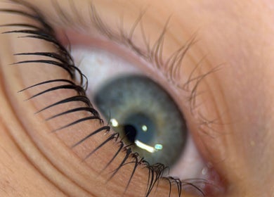 Primer plano de un ojo con pestañas largas en Beauté Studio, Chihuahua, Chihuahua, MX.