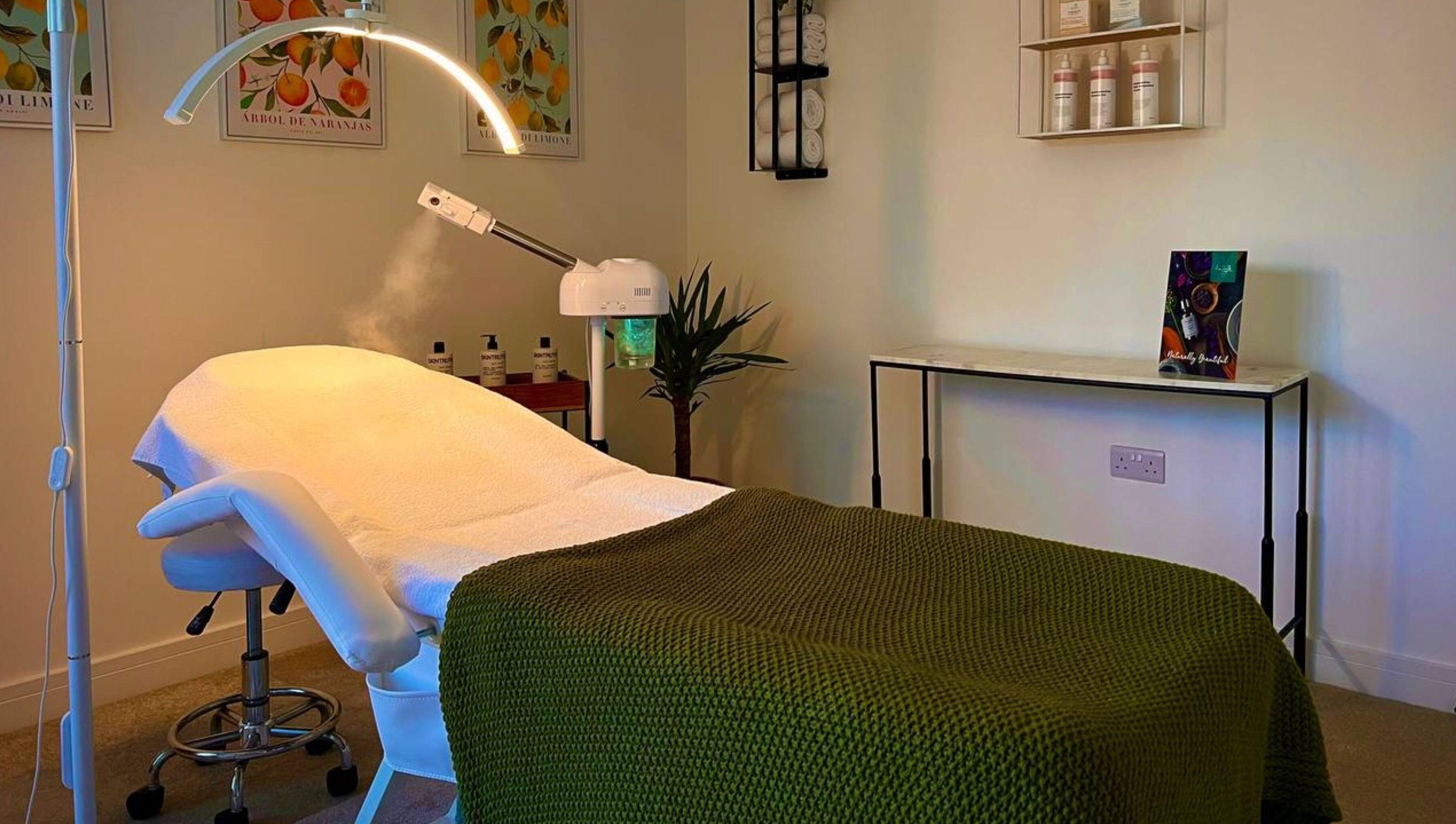 Relaxing spa treatment room at Essential Recovery, Yarm, England, GB, featuring a cozy bed and soothing decor.