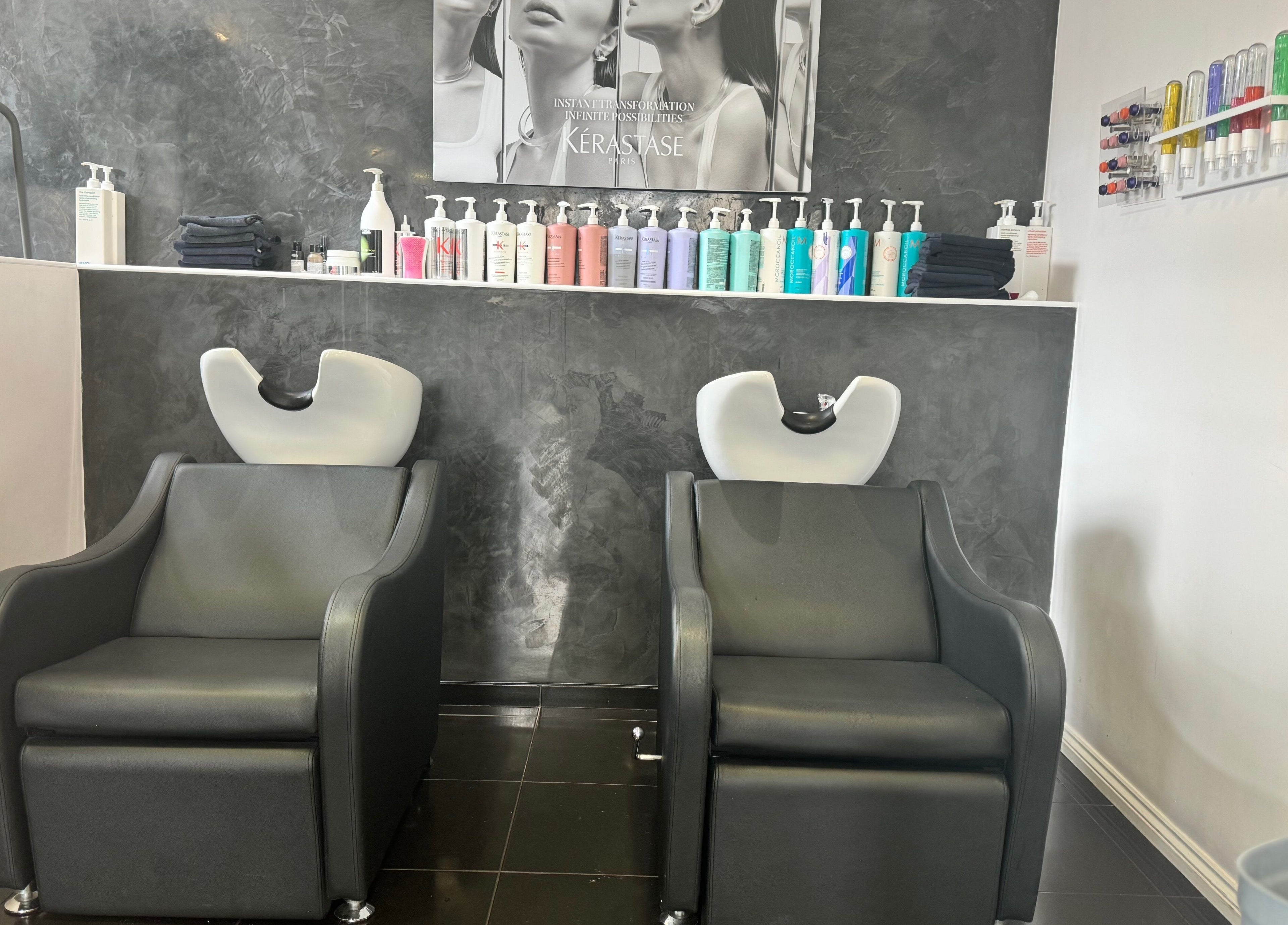 Elegant wash stations at Studio 13 “A Salon Collective for Independent Stylists” in Ebley, England, GB.