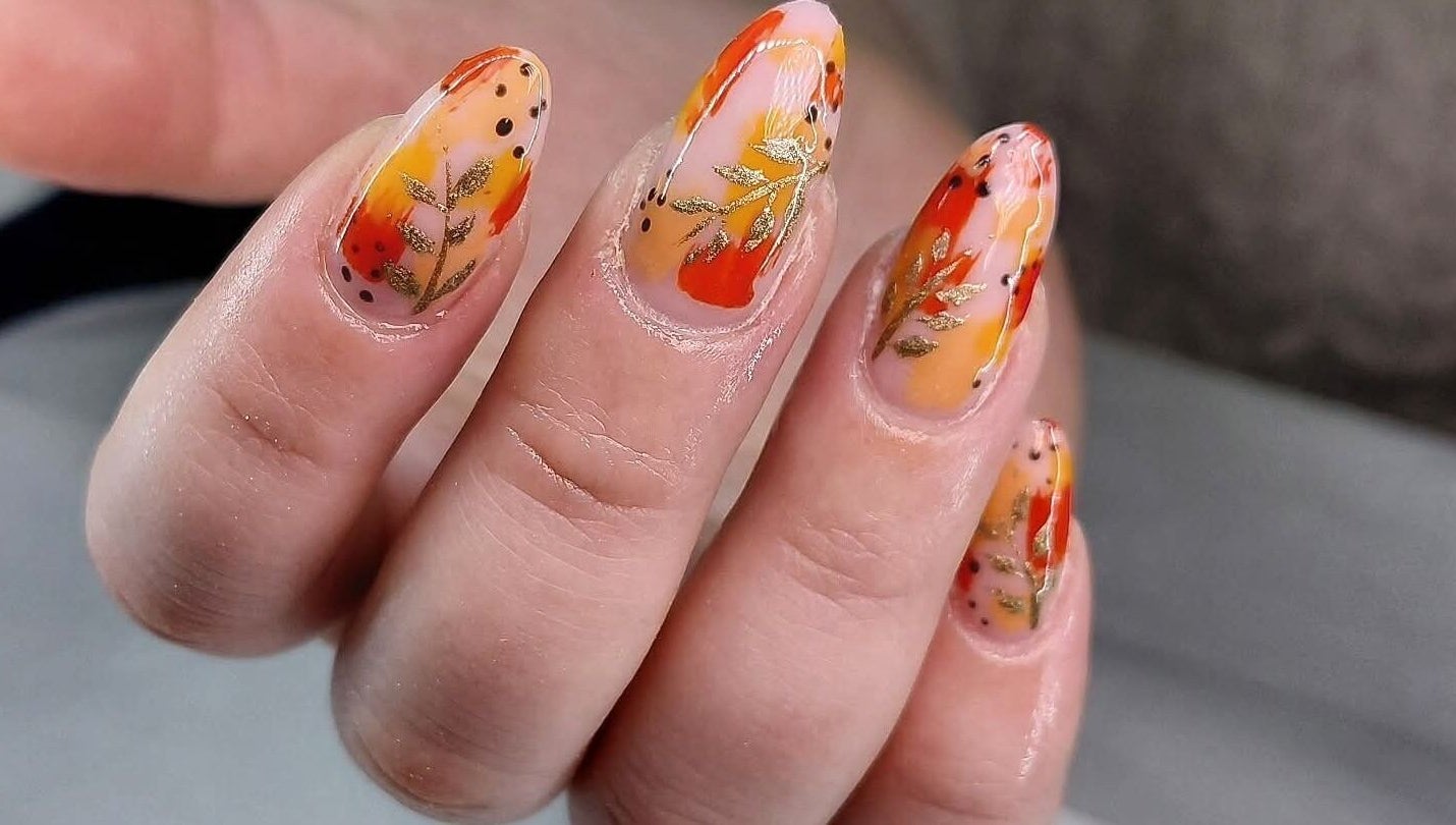 Elegant autumn-themed nail art by Nails By Hayley Jo in Dosthill, England, GB.