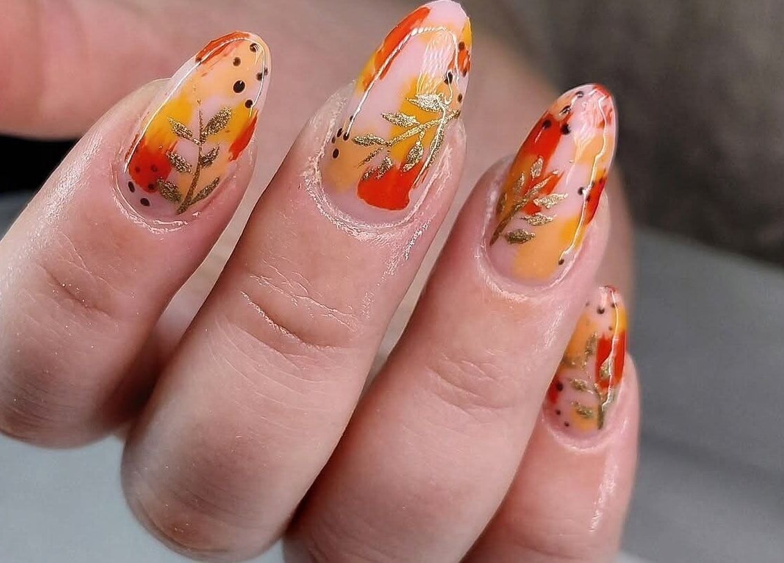 Elegant autumn-themed nail art by Nails By Hayley Jo in Dosthill, England, GB.