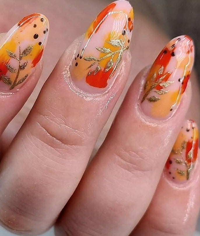 Elegant autumn-themed nail art by Nails By Hayley Jo in Dosthill, England, GB.