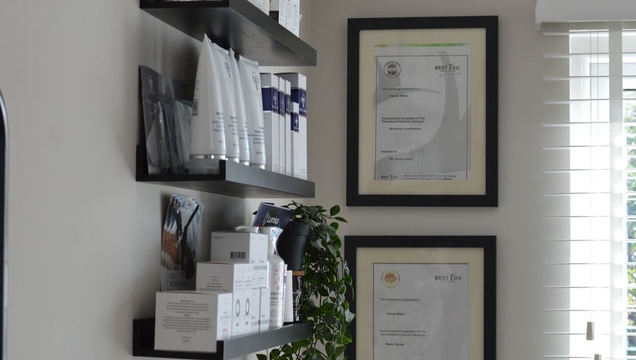 Product shelves and certificates at Next Gen Skin, Stoke-on-Trent, England, GB.