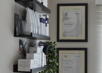 Product shelves and certificates at Next Gen Skin, Stoke-on-Trent, England, GB.