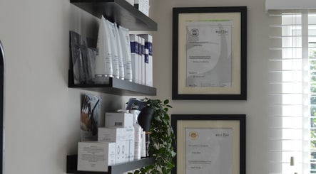 Product shelves and certificates at Next Gen Skin, Stoke-on-Trent, England, GB.