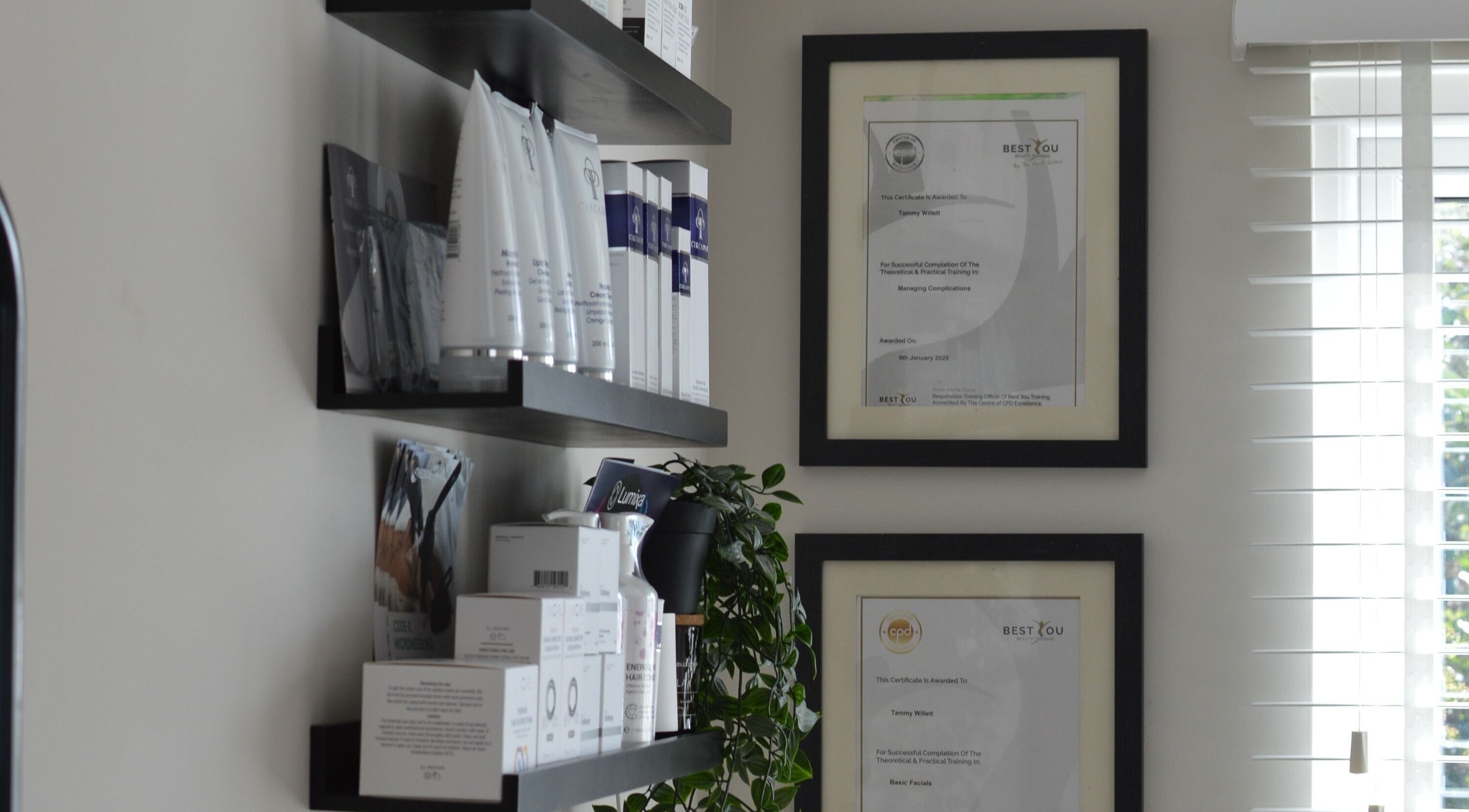 Product shelves and certificates at Next Gen Skin, Stoke-on-Trent, England, GB.