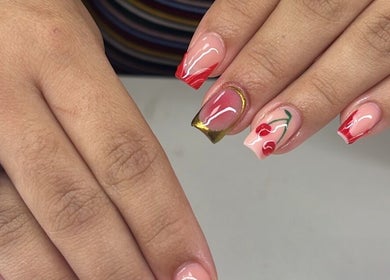 Elegant red nail art with cherries at Nails365, Tunapuna, Tunapuna/piarco Regional Corporation, TT.