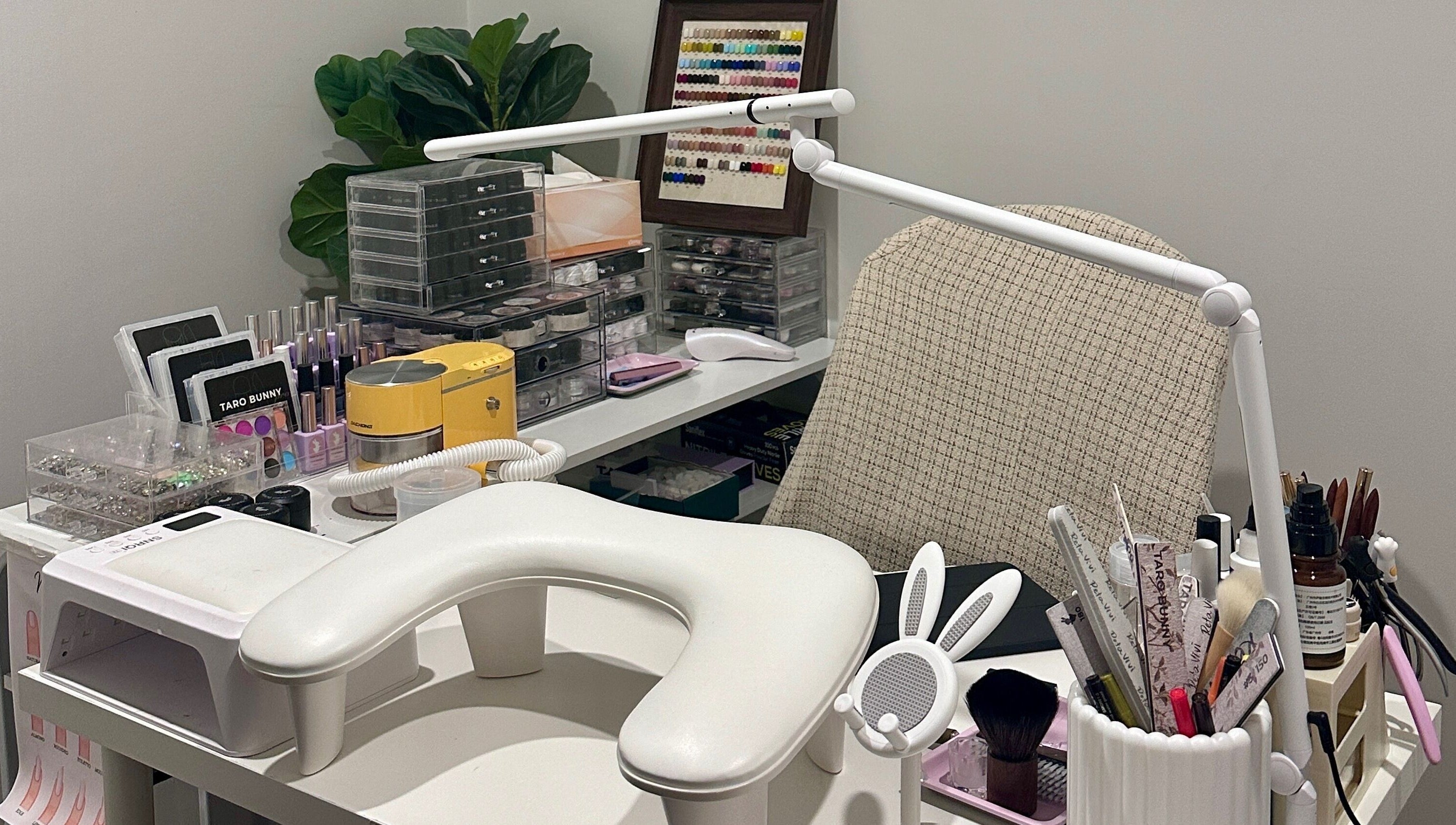 Cozy nail station at Summer-Nails in Melbourne, Victoria, AU, featuring tools and polish neatly organized.