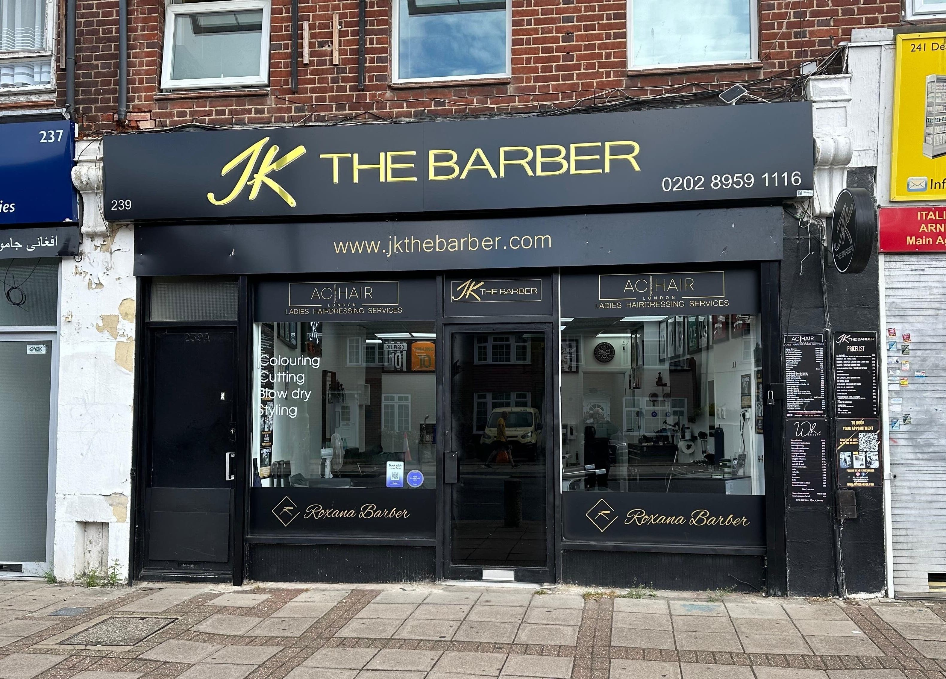 Front view of Jk The Barber Studios Limited located in Edgware, England, GB showing elegant storefront.