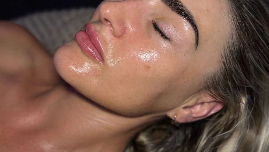 Close-up of a woman's glowing skin after facial treatment at The Lash Room, Ayr, Scotland, GB.