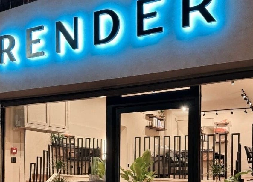 Render’s bright sign and sleek interior in Birmingham, England, GB, inviting a relaxing wellness experience.