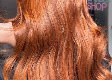 Cabello rojizo brillante en APHRODITE, Son Ferriol, Illes Balears, ES con fondo del salón.