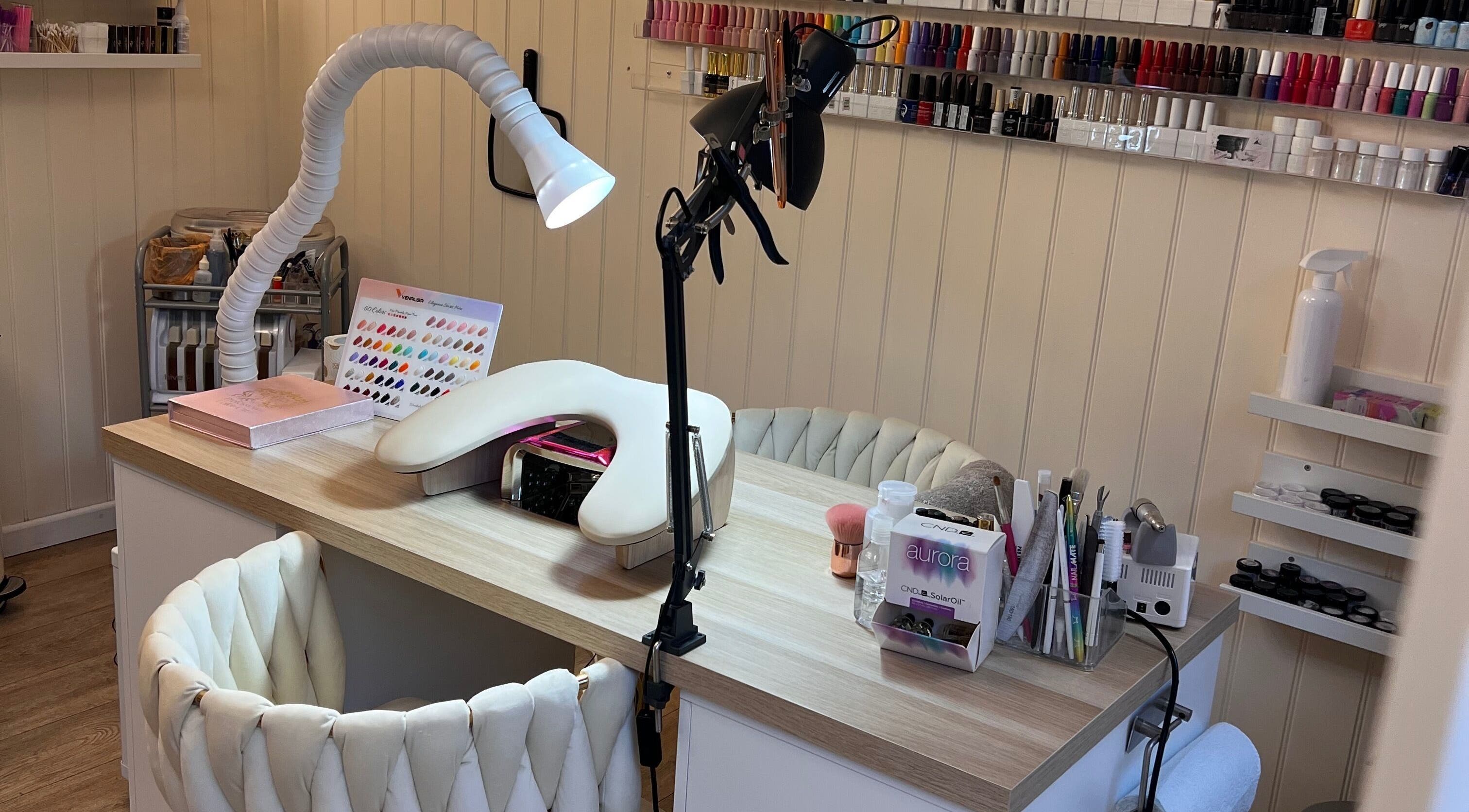 Elegant nail station at The Nail File, with manicure tools in Wilmslow, England, GB.