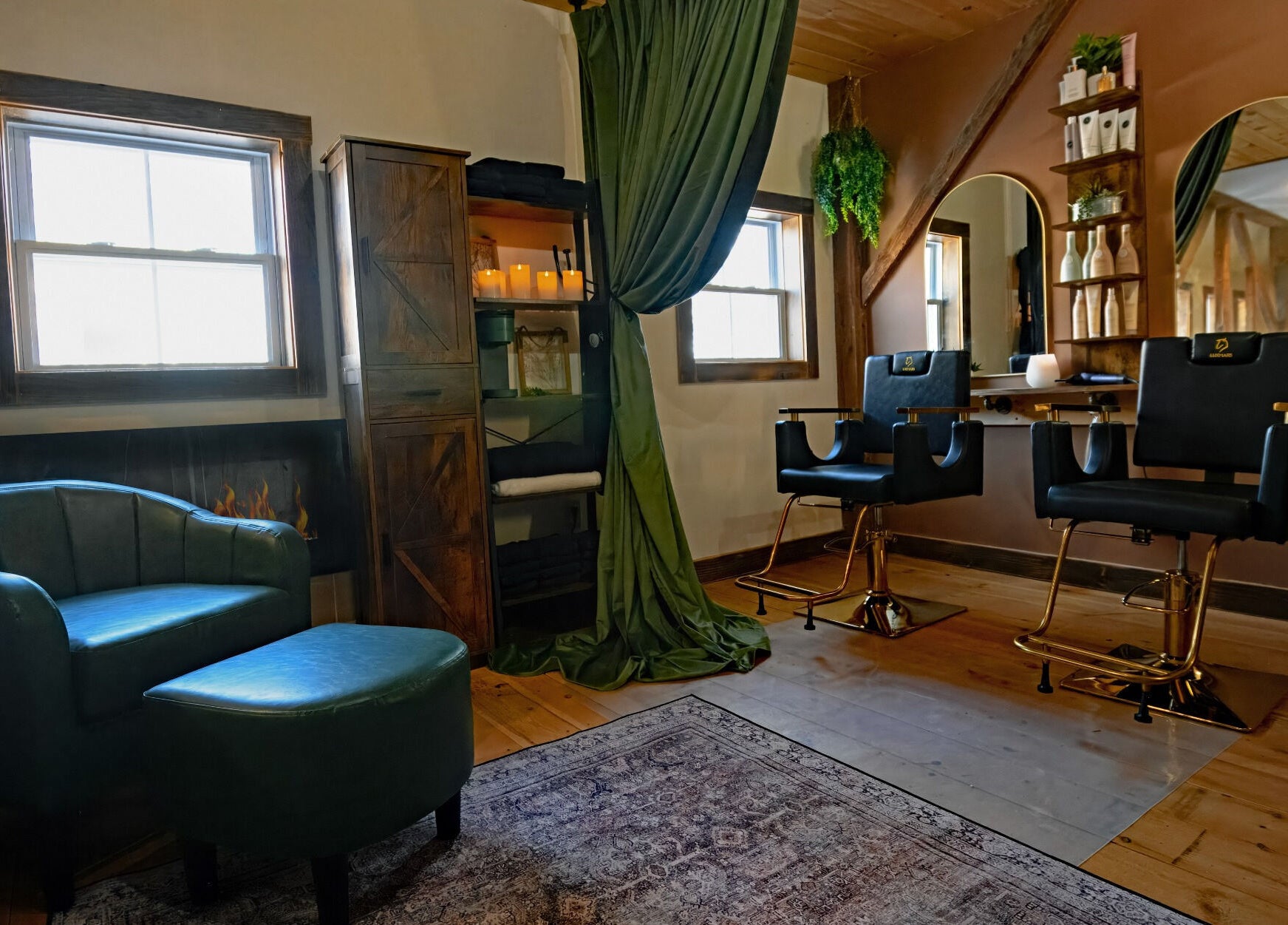 Elegant beauty salon interior at Connected LLC, Readfield, Maine, US, featuring stylish seating and decor.