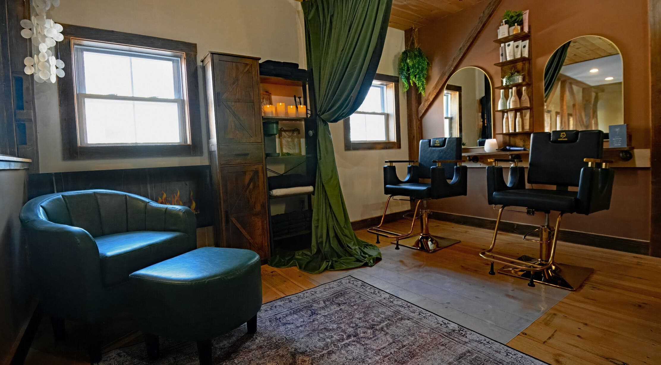 Elegant beauty salon interior at Connected LLC, Readfield, Maine, US, featuring stylish seating and decor.
