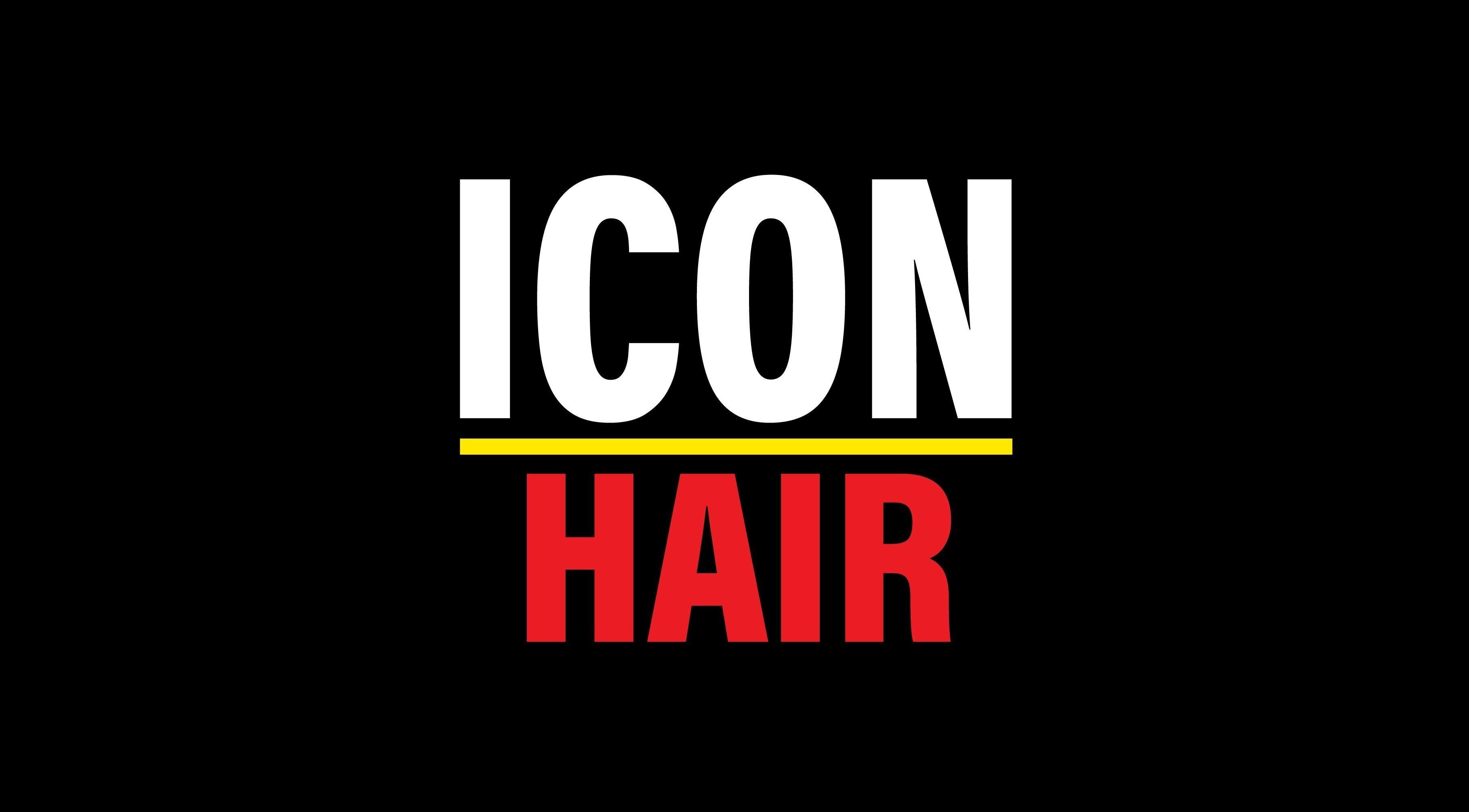 ICONHAIR logo text design, Toronto, Ontario, CA. White and red text on black background.
