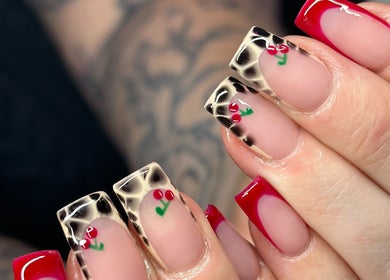 Elegant cherry-themed nail design at Nefarious Nails, Golden Bay, Western Australia, AU. Bold and stylish art.