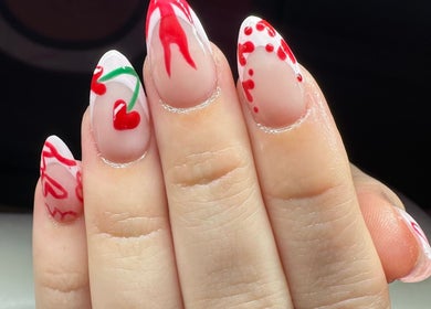 Cherry-themed nail art at Nefarious Nails, Golden Bay, Western Australia, AU. Elegant and trendy design.