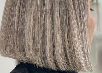 Elegant bob hairstyle in silver blonde at Angel hair & lash studio, Melbourne, Victoria, AU.