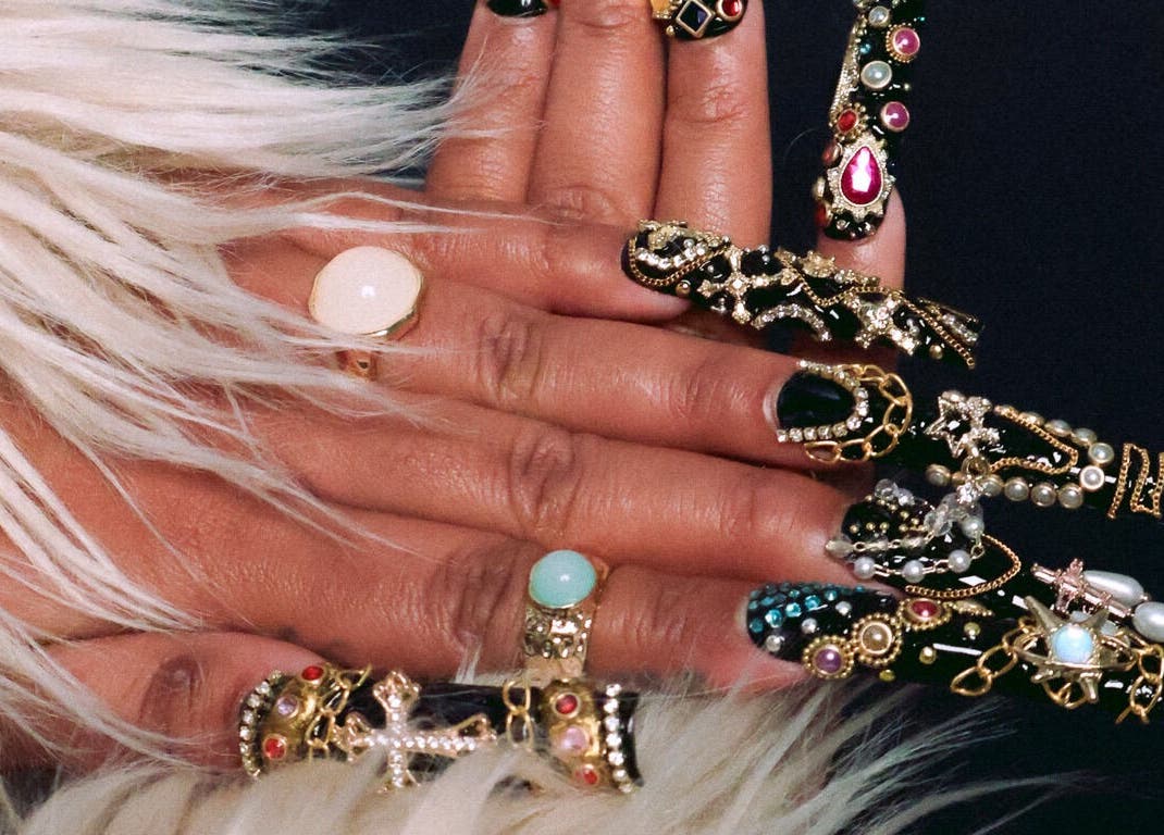 Intricate nail art with jewels at StudioEDN, Mount Druitt, New South Wales, AU.