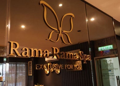 Entrance sign of Rama Rama Spa in Kota Kinabalu, Sabah, MY displaying elegant gold lettering.
