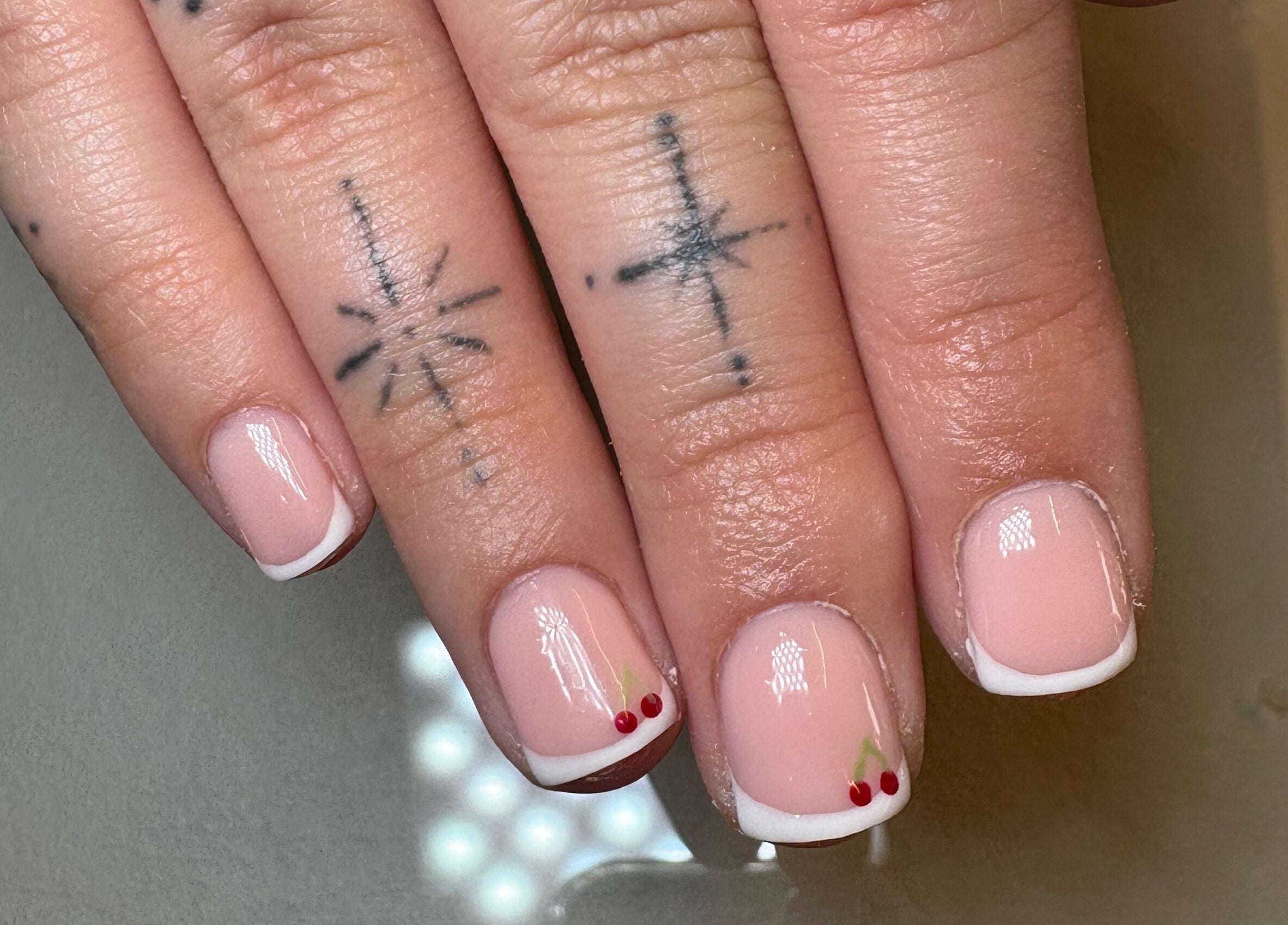 Elegant cherry nail art by Nails by Emily Katie in Burnley, England, GB. Perfect for a stylish, modern look.