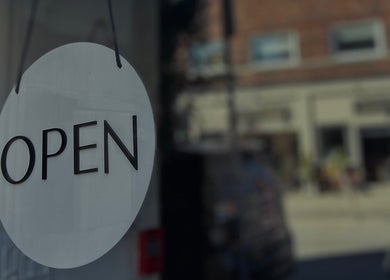 "Open" sign at BROWZBYCASS, Cambridge, Ontario, CA.