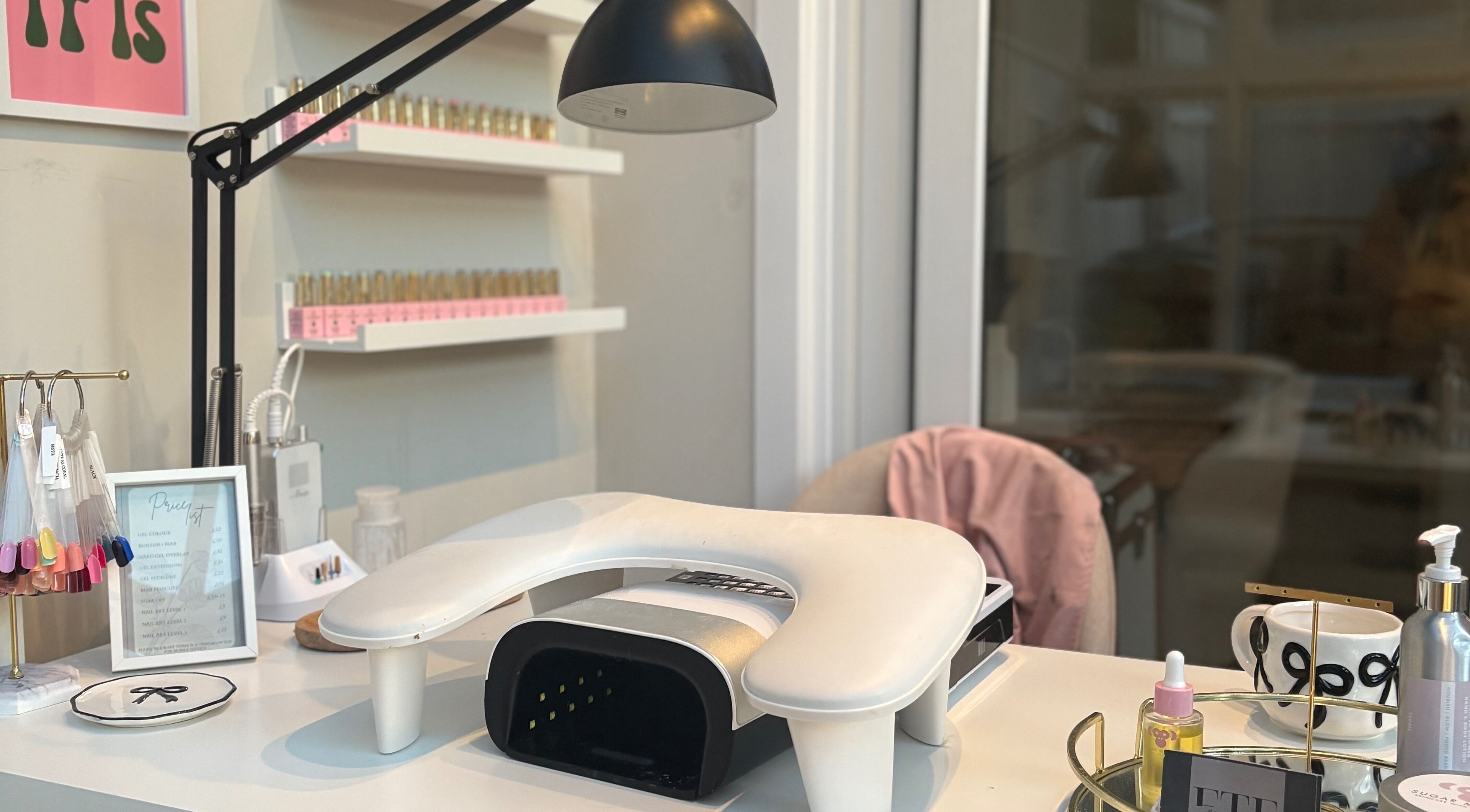 A chic nail station at FTENails & Beauty in Swadlincote, England, GB with stylish decor and tools.