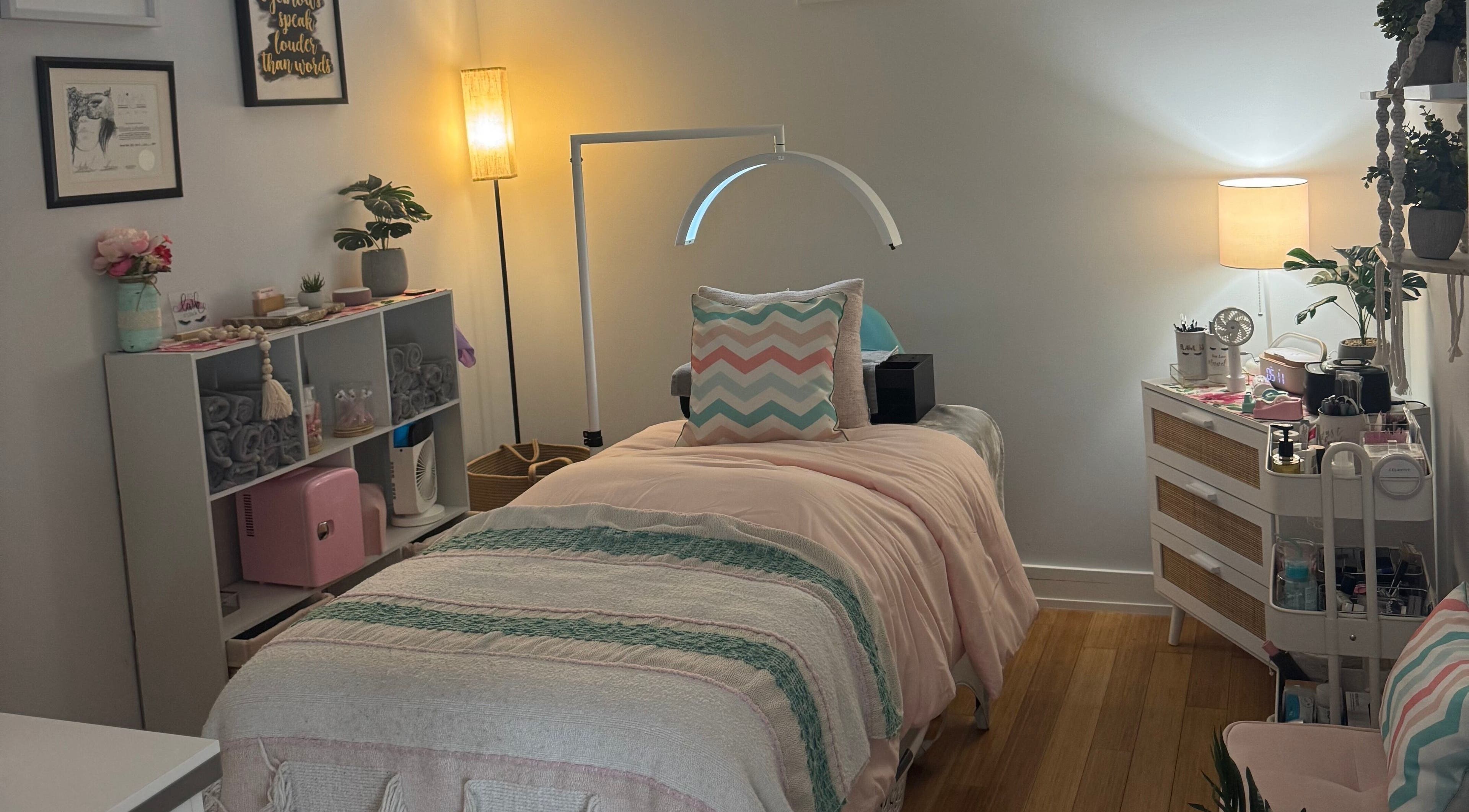 Relaxing treatment room at Blush Beauty Loft, Windsor, Ontario, CA with calming decor and soft lighting.