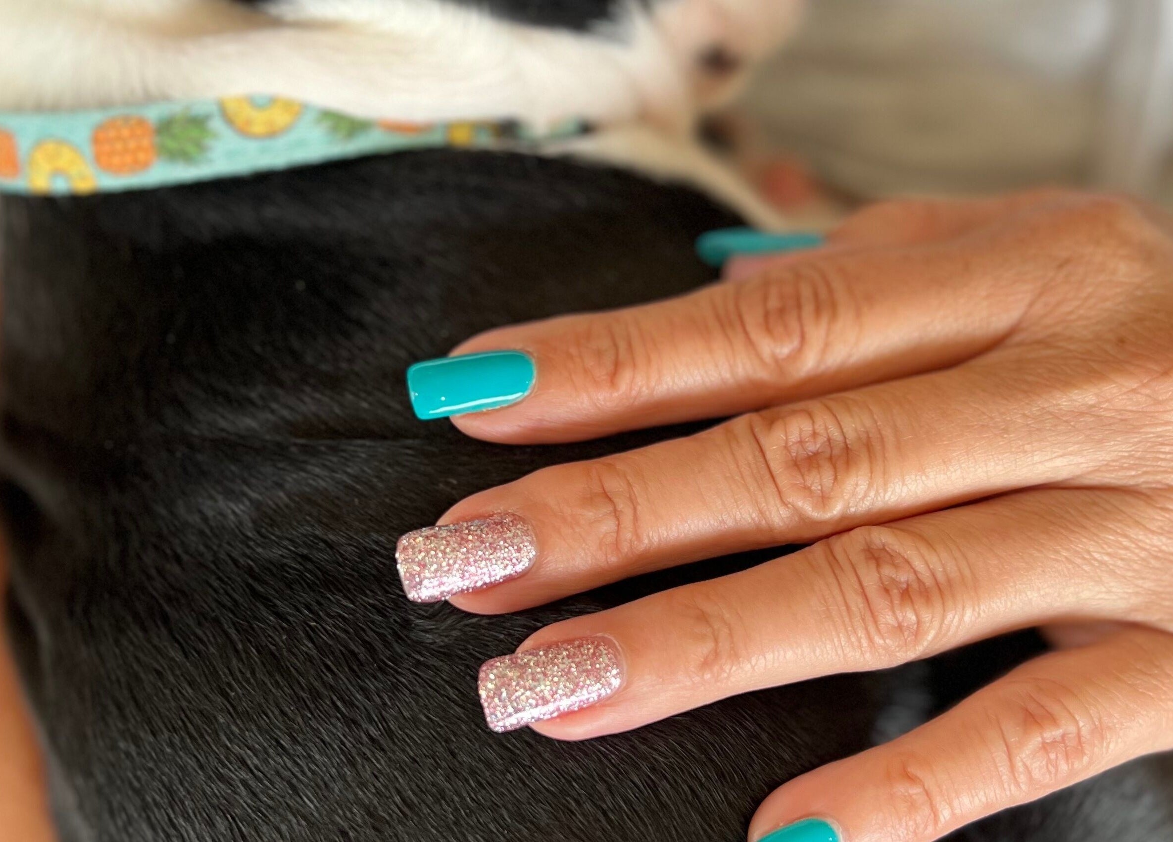 Elegant teal and glitter nails at Water’s Edge Aesthetics, Saint John, New Brunswick, CA.