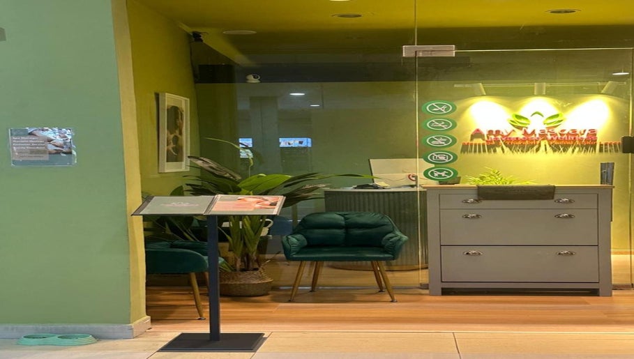 Entrance of Amy Mascara Javanese Wellness @Larkin Sentral in Johor Bahru, featuring plants and cozy seating.