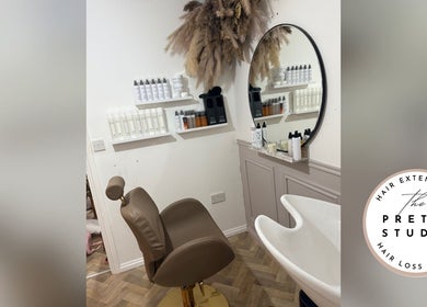 The Pretty Studio Hair Extension & Hair Loss Solutions in Nantwich, England. Features sleek chair and products.