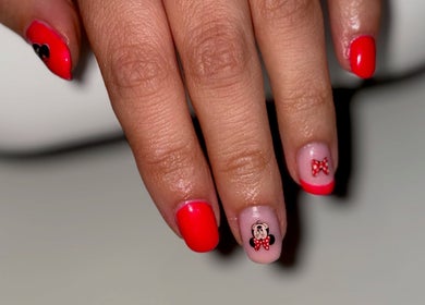 Colorful nail art with cartoon design by Mobile nails by Karli in Stilton, England, GB.