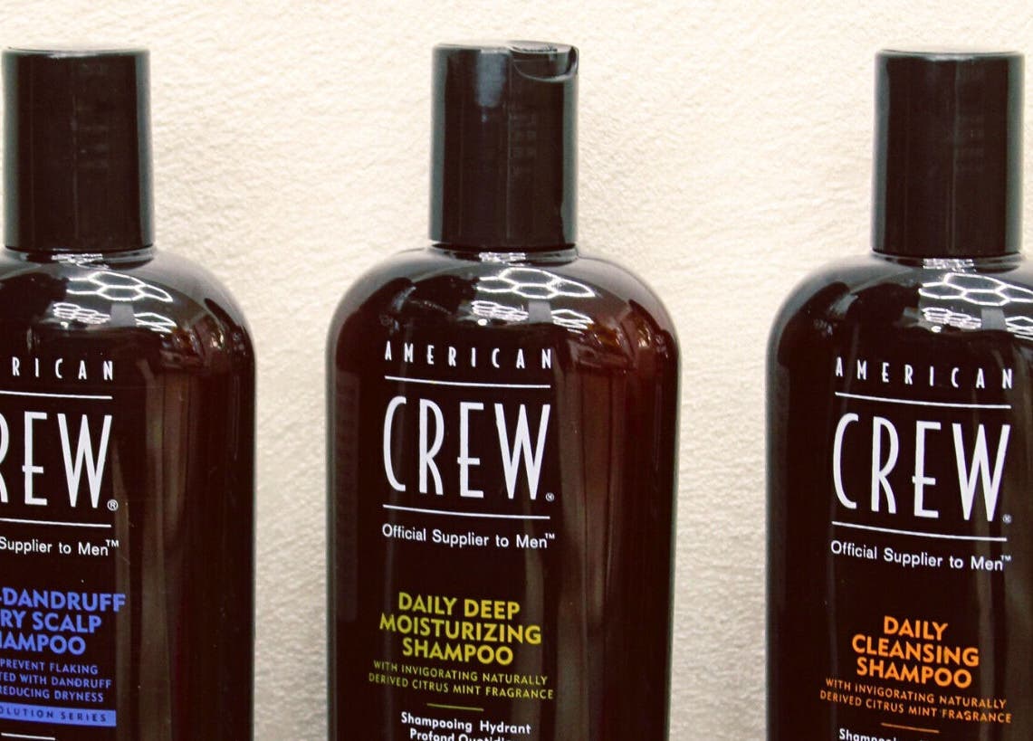 American Crew shampoos on display at Bald Barber Studio, Varna, Varna, BG.