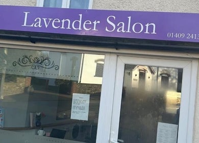 Front signage of Lavender Salon located in Bradworthy, England, GB, displaying contact details.