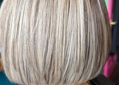 Elegant blonde bob hairstyle at Sacred Hair, North Shields, England, GB.