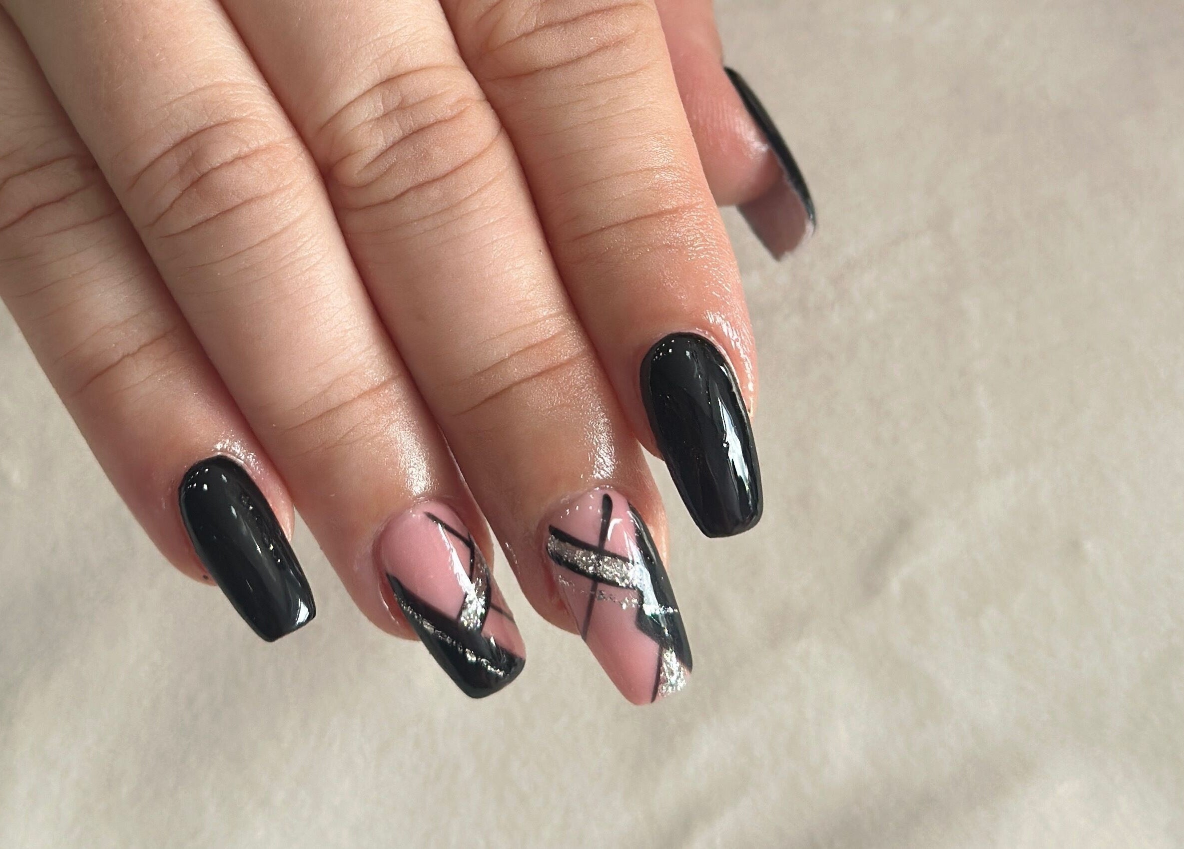 Elegant black and pink nail design at Vivid nails&beauty, Glasgow, Scotland, GB, showcasing modern artistry.