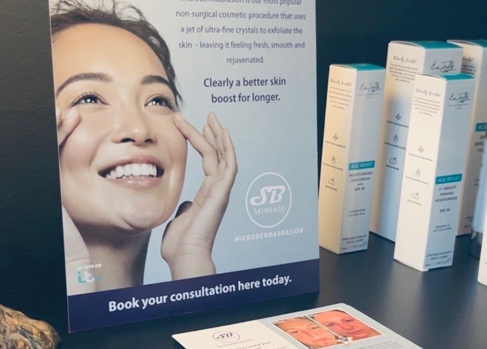 Beauty products display at Forever Young Beauty, Tongham, England, GB, showcasing skincare and wellness options.