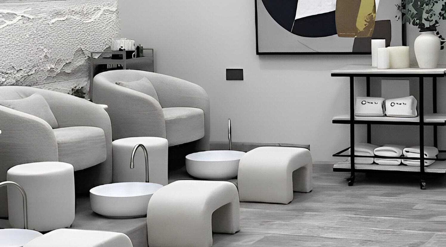 مقاعد مريحة في صالون نوا طوي للجمال، أبوظبي، توفر تجربة استرخاء فاخرة.