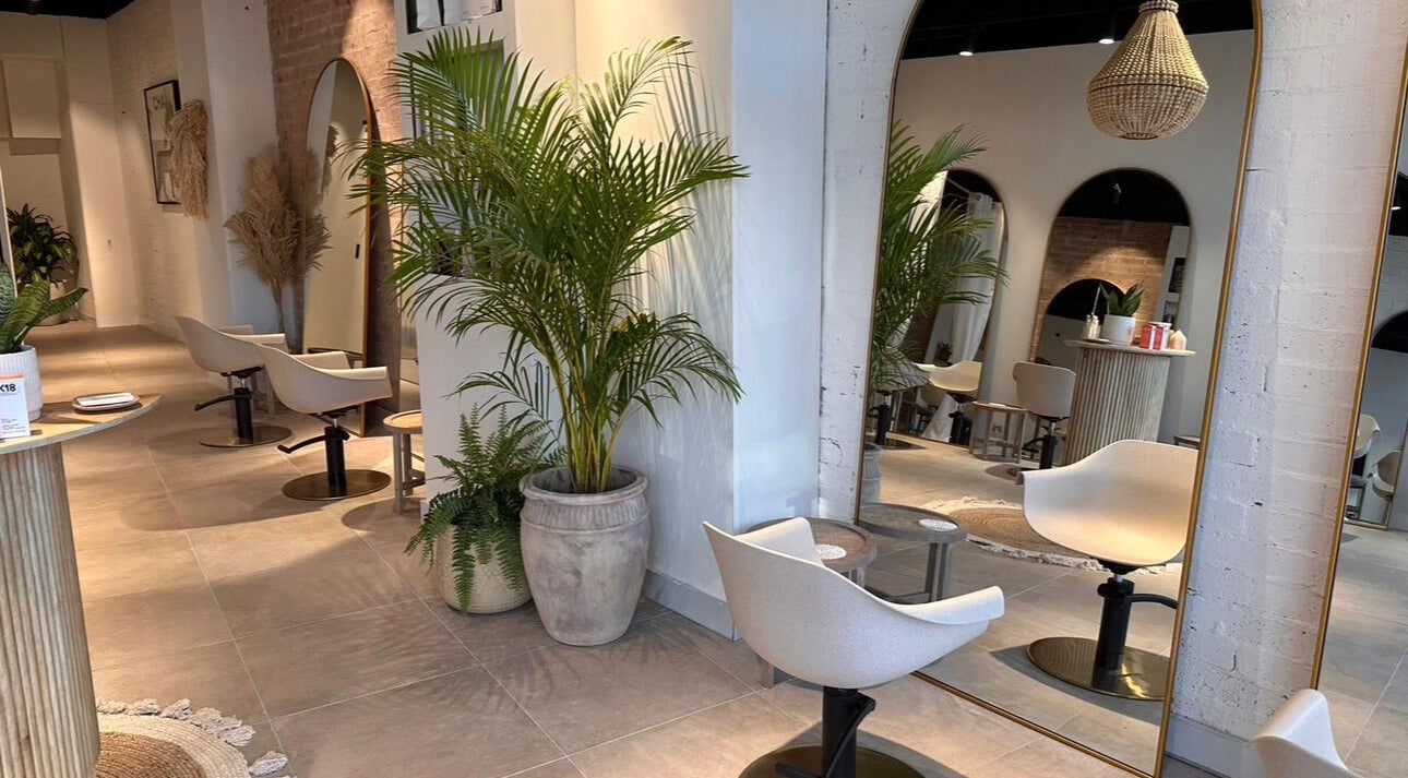 Elegant interior of Moss Hair Artistry in Neutral Bay, New South Wales, AU featuring modern decor and lush plants.