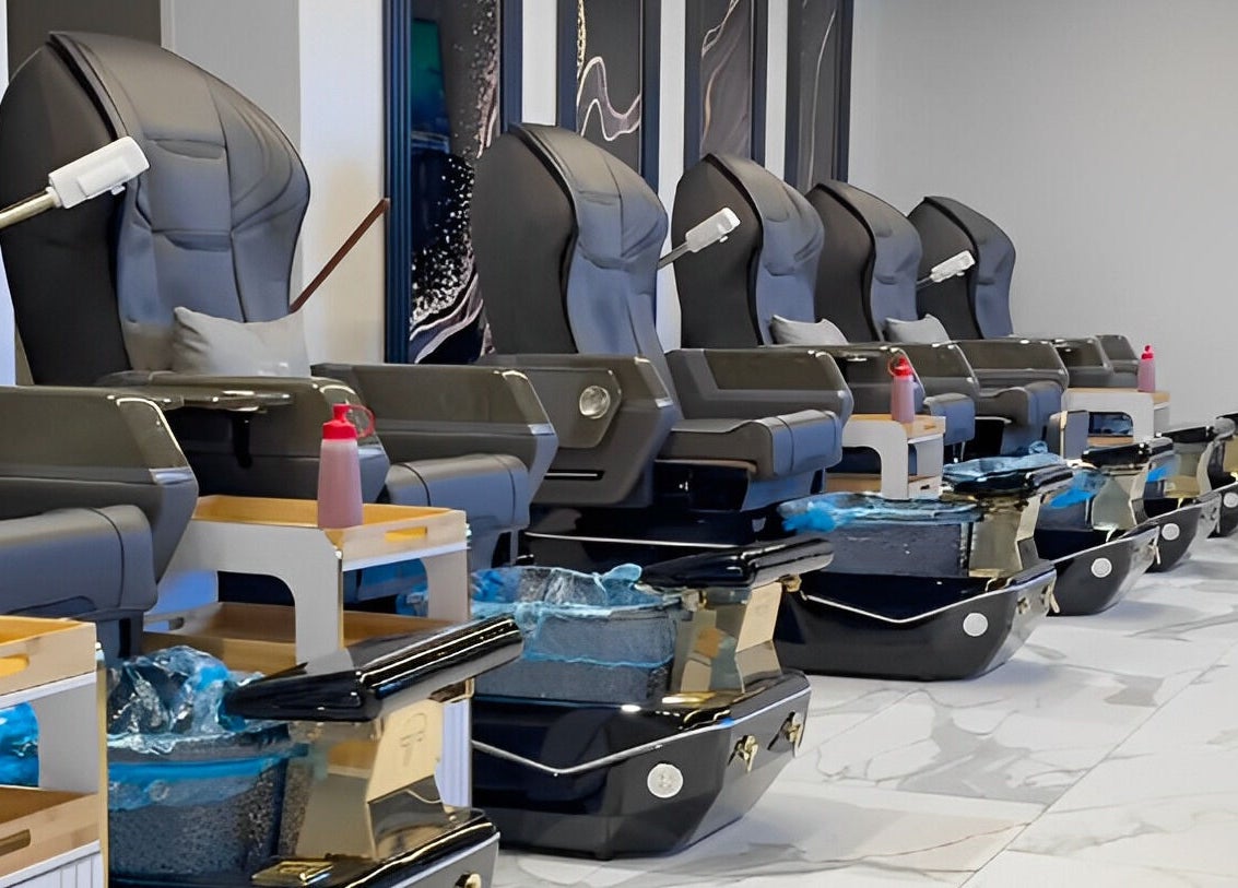 Elegant pedicure spa chairs at Gloss & Glow Luxury Nail Spa in Tucson, Arizona, US, offering ultimate relaxation.