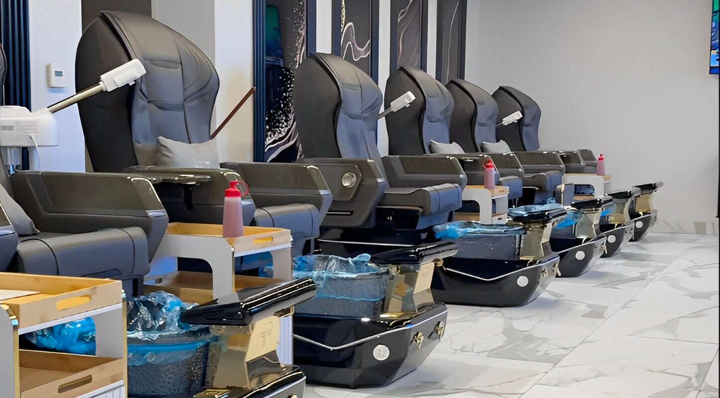 Elegant pedicure spa chairs at Gloss & Glow Luxury Nail Spa in Tucson, Arizona, US, offering ultimate relaxation.