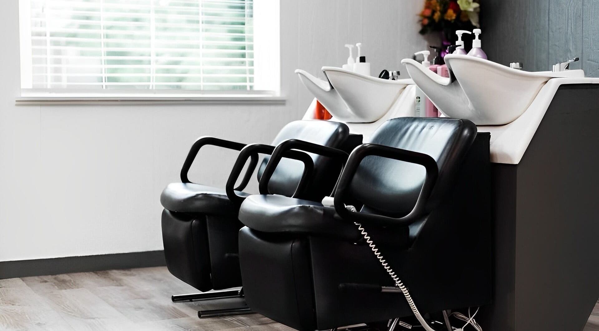Stylish salon wash stations at Ivy Kae Studio, Valparaiso, Indiana, US designed for comfort and luxury.