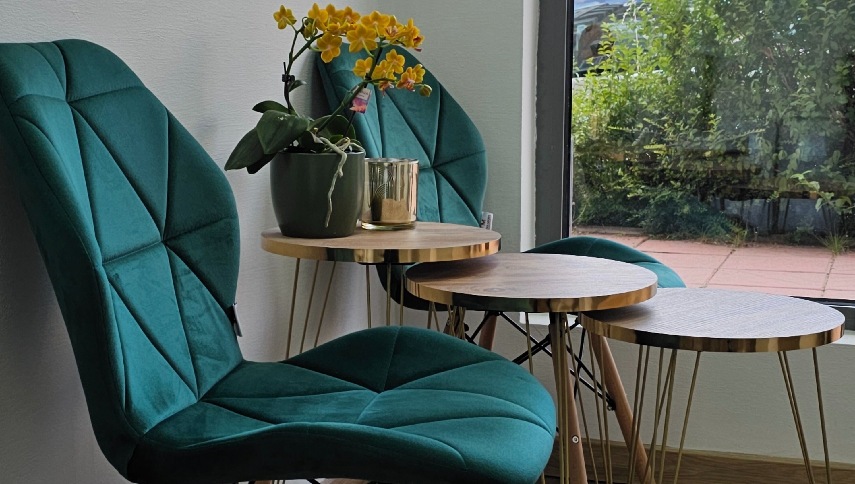 Уютен салон в Polish Pop, Русе, България с модерни зелени кресла и орхидеи.